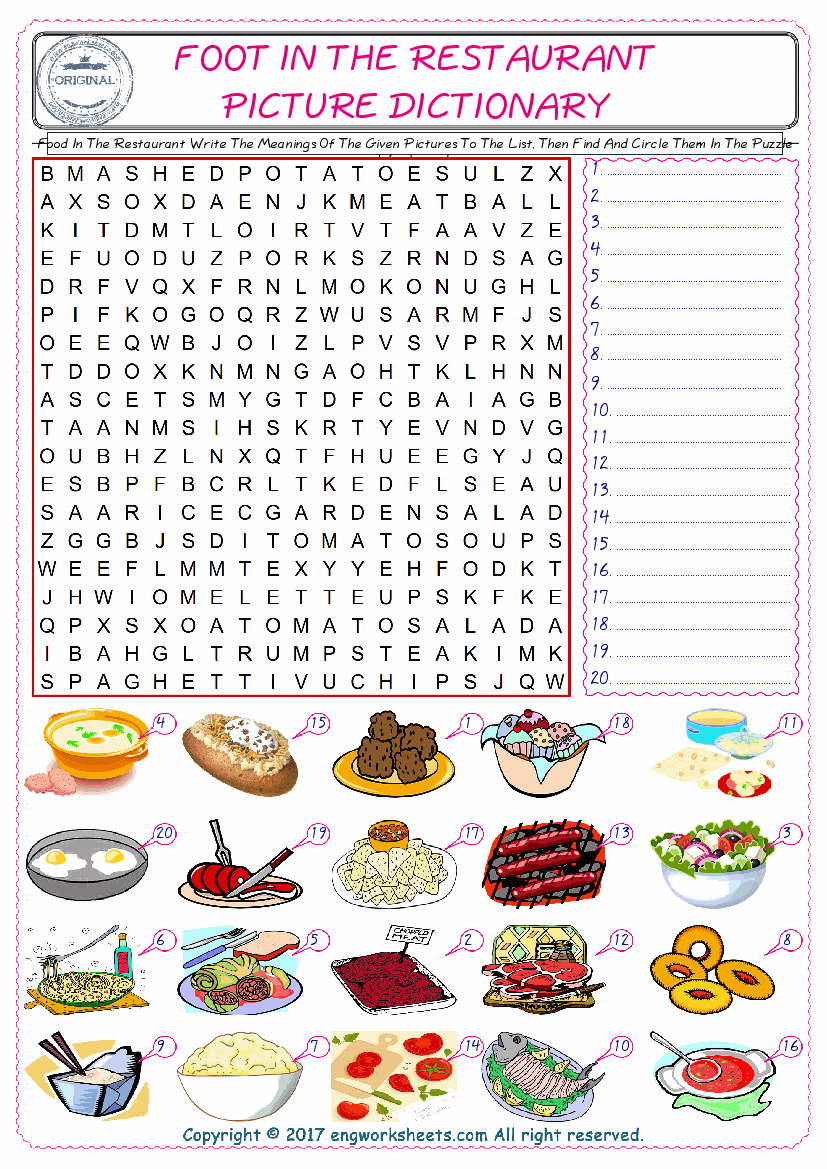  For kids, check the picture of Food In The Restaurant find, and write the word and find it in the word puzzle ESL printable worksheet. 